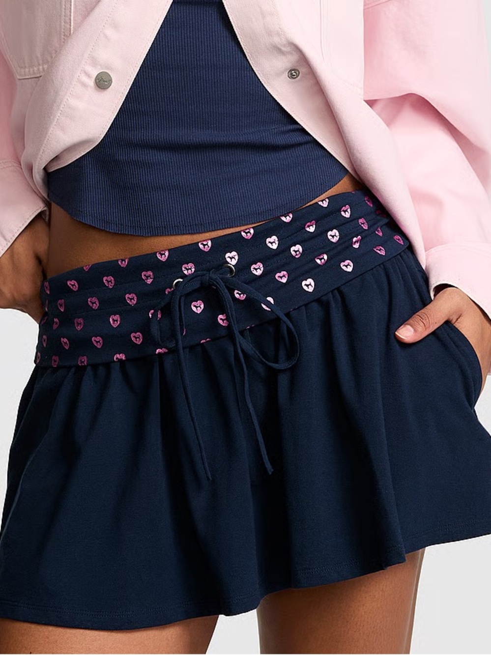 PINK All-Day Cotton Foldover Flirty Mini Skort Noir Navy Foil XS⭐️NEVER WORN⭐️